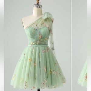 Floral One-Shoulder Green Dress